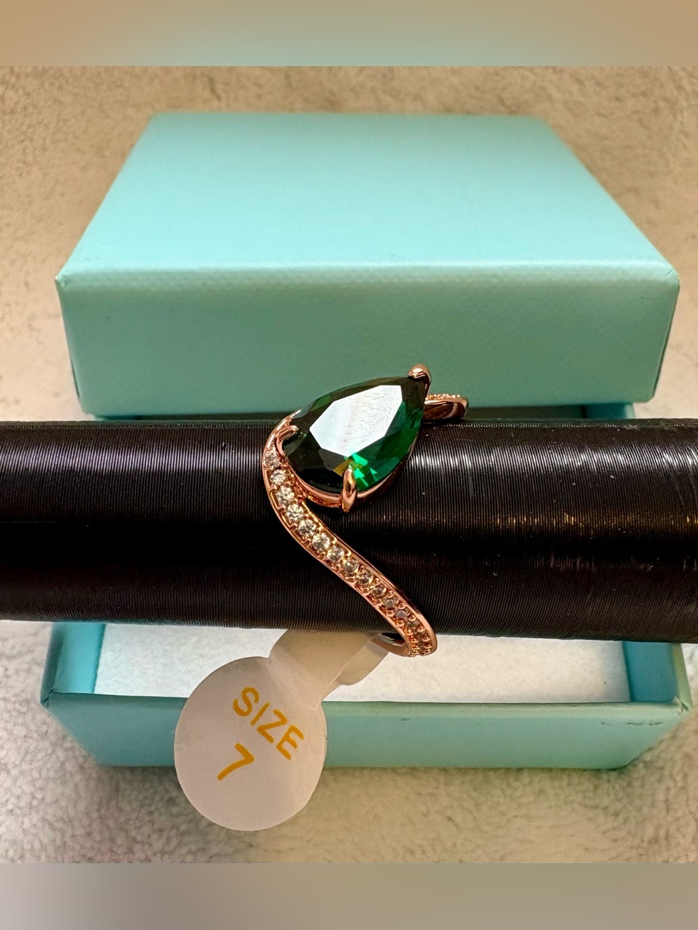 Emerald Teardrop Crystal Ring in Rose Gold - Size 7